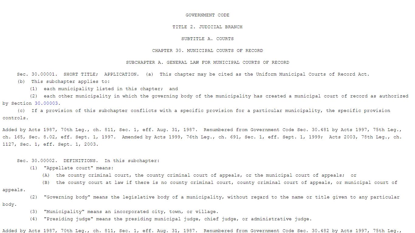 GOVERNMENT CODE CHAPTER 30. MUNICIPAL COURTS OF RECORD - Texas